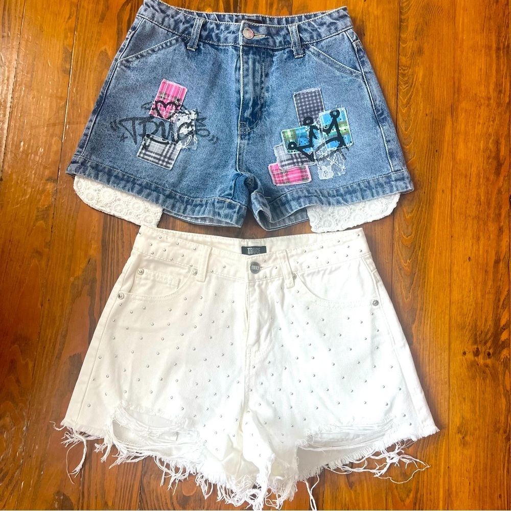 Nordstrom Truce Lot two Girl’s  Denim Shorts Patch Work‎ Stud 12/14
